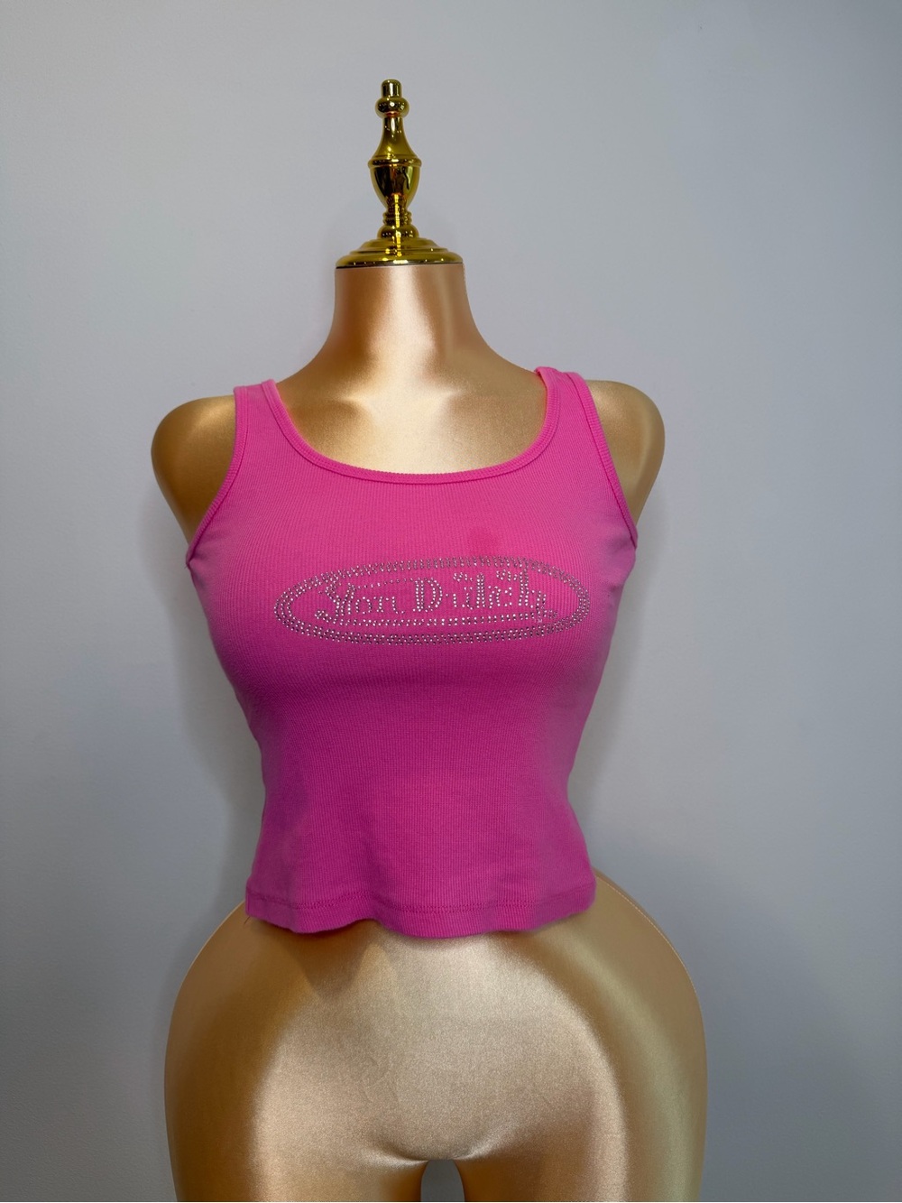 Von Dutch Pink Rhinestone Logo Tank Top Y2K Size M